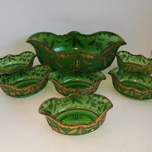 1899 Victorian  EAPG US DELAWARE Glass Emerald Green & Gold  Fruit Bowl Set 7 Pc